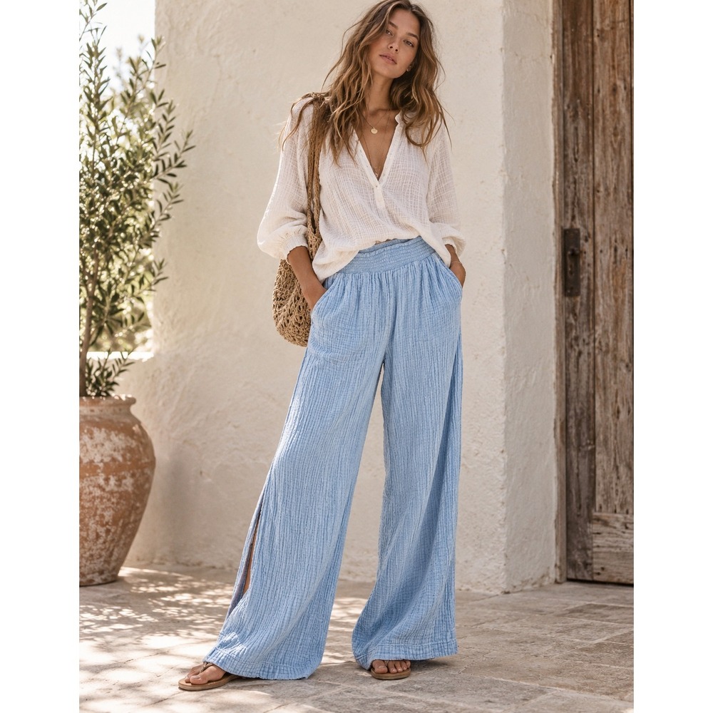 Aerie Pants XS Blue Cotton Gauze Wide Leg High Rise Side Slit Faded Beach Summer